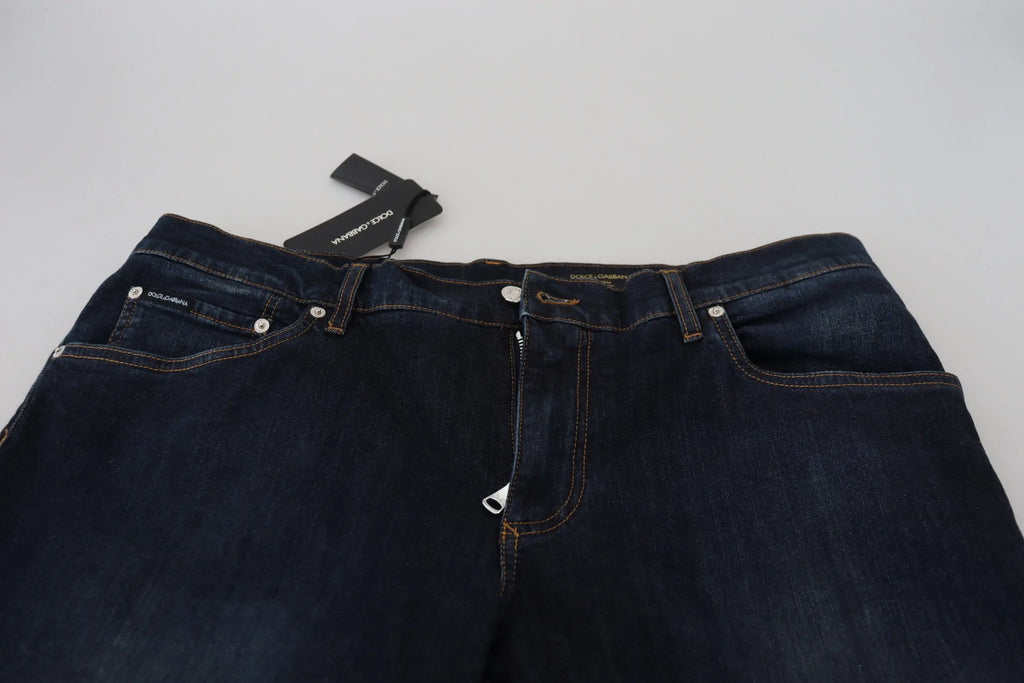Jean denim bleu foncé dolce & gabbana en coton coupe droite avec cinq poches et détails argentés