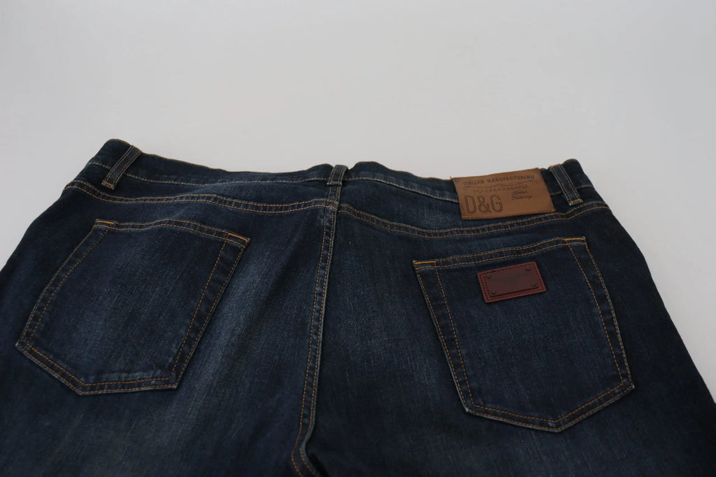 Jeans denim bleu foncé dolce & gabbana en coton coupe droite avec patchs en cuir marron à l’arrière