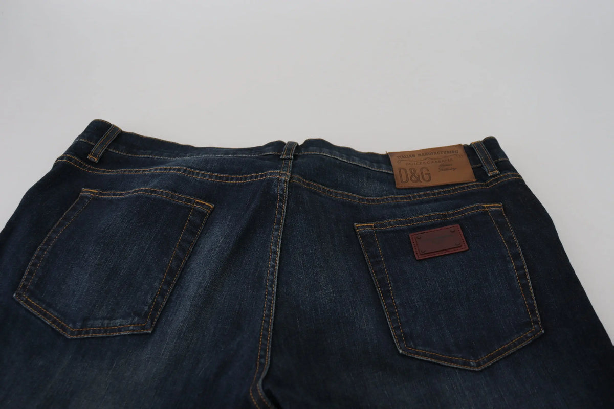 Jeans denim bleu foncé dolce & gabbana en coton coupe droite avec patchs en cuir marron à l’arrière