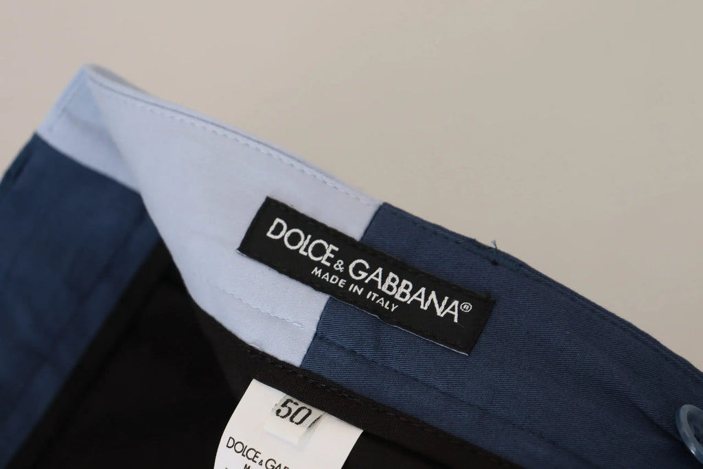 Pantalon droit dolce & gabbana bleu en coton avec étiquette noire made in italy sur tissu bleu marine et gris clair