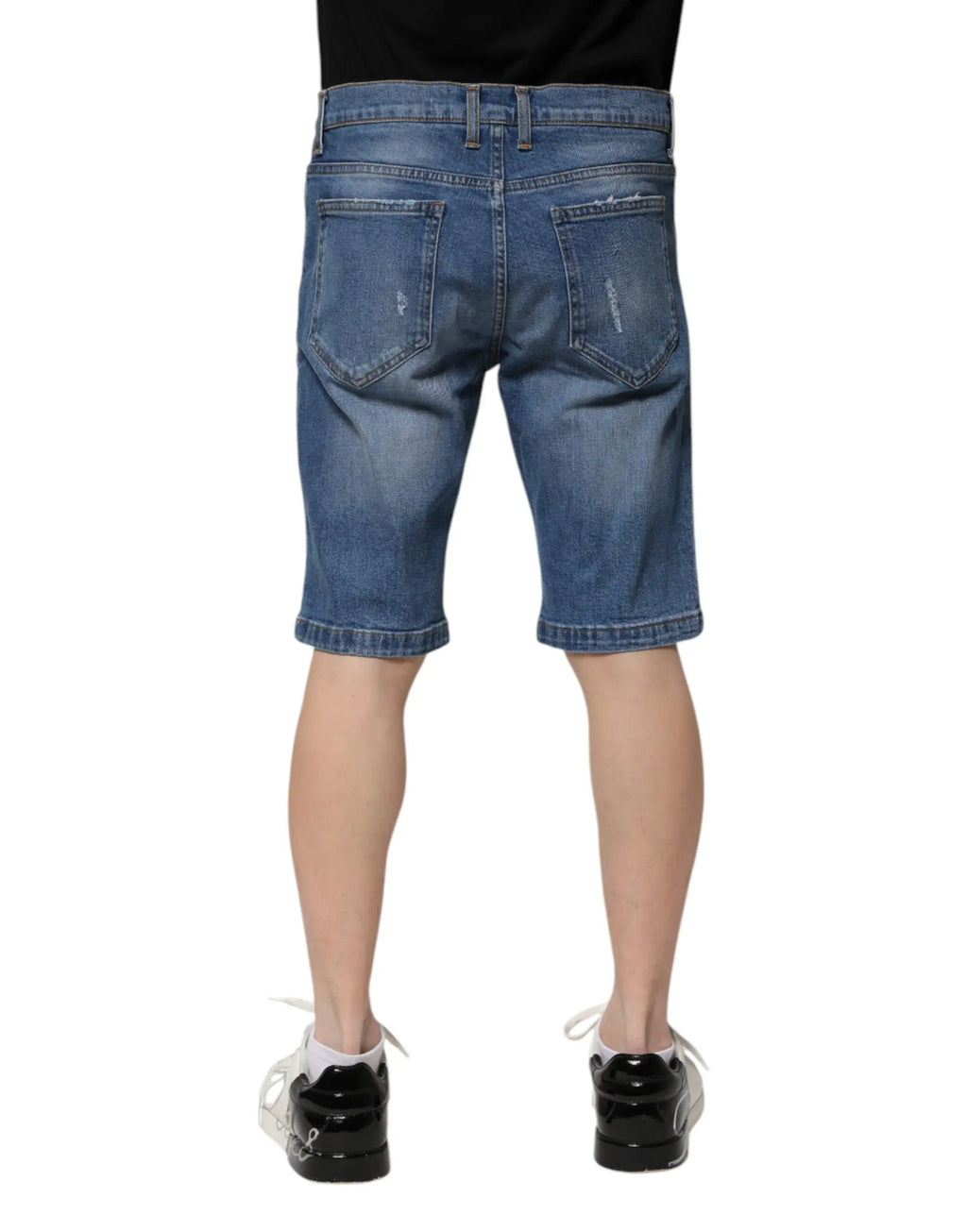 Bleu denim bermuda homme dolce & gabbana en coton stretch avec lavage délavé et détails usés sur les poches arrière