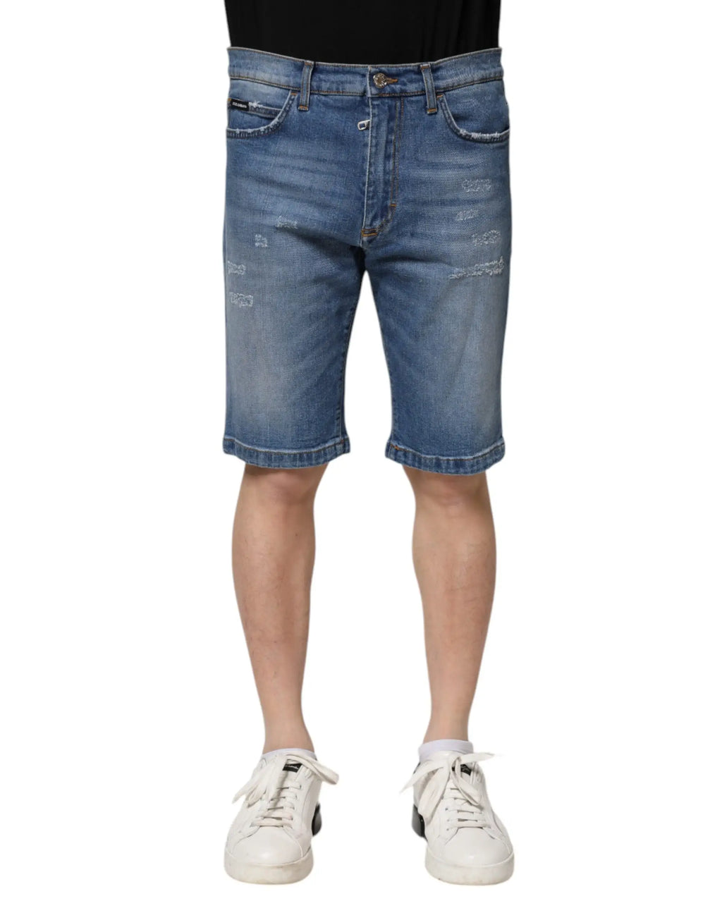 Dolce & Gabbana bermuda en denim bleu pour homme en coton stretch avec cinq poches et revers roulés usés