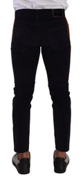 Dolce & Gabbana jean skinny en coton bleu avec panneaux latéraux en cuir marron en denim noir