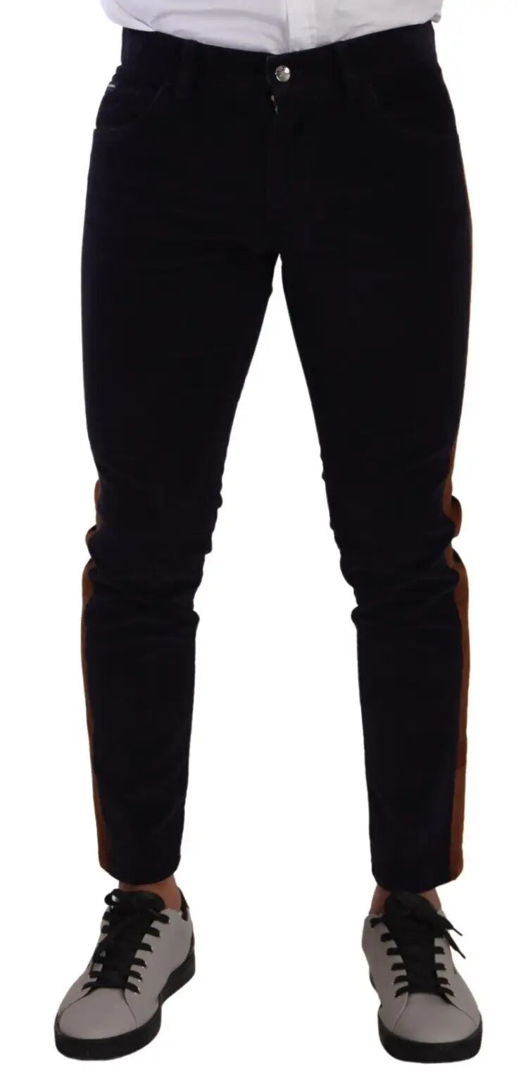 Dolce & gabbana blue cotton stretch skinny corduroy jeans en denim noir avec bandes latérales marron