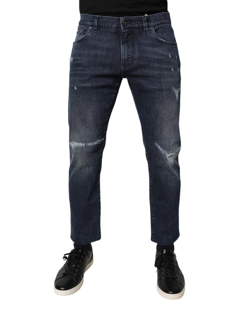 Dolce & gabbana blue cotton stretch skinny jeans homme en denim foncé avec zones délavées et usées