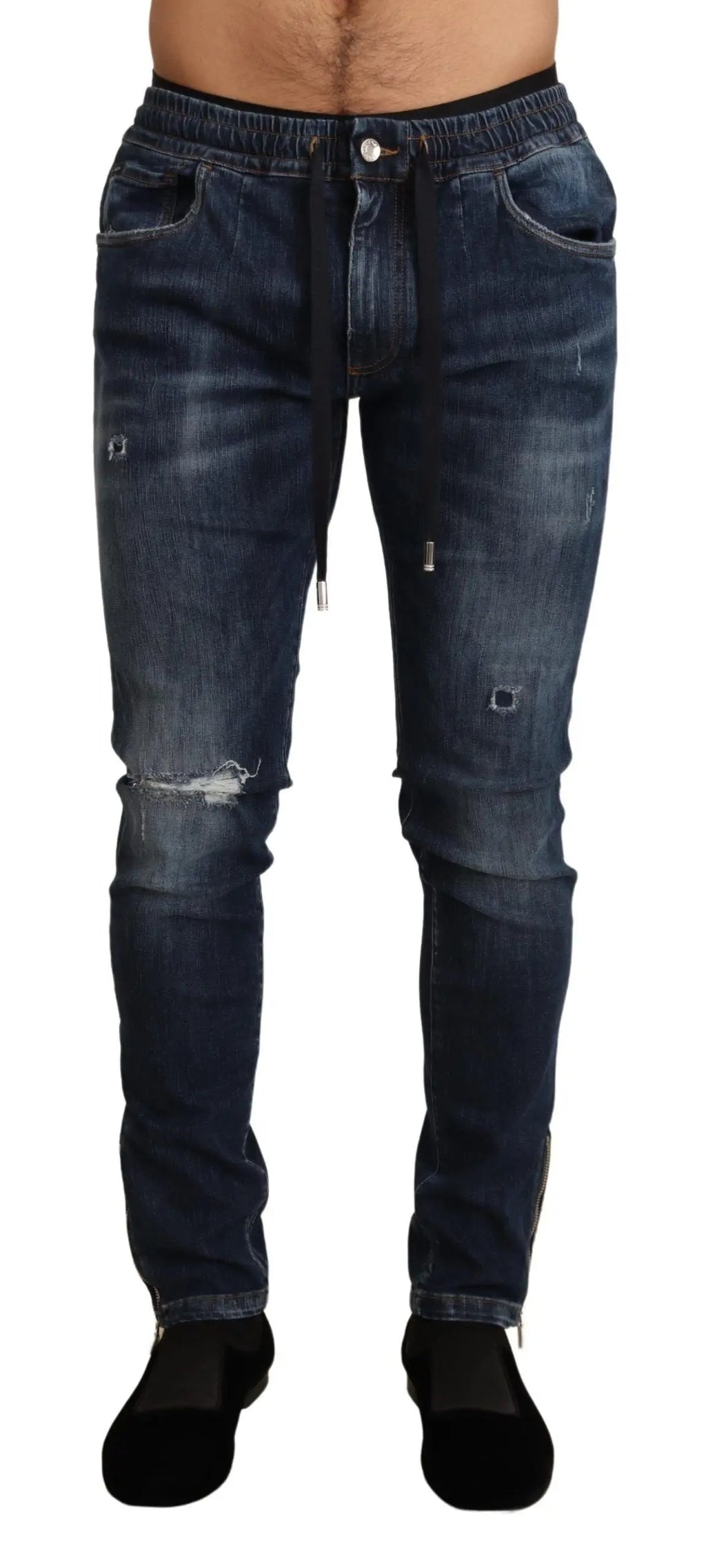 Jean denim tissé bleu foncé distressed dolce & gabbana en coton stretch avec taille à cordon de serrage