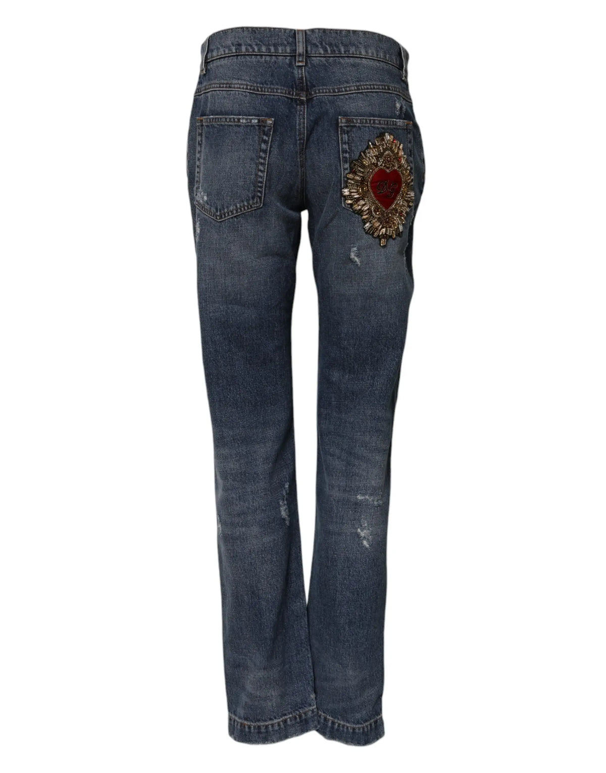 Jeans boyfriend en denim coton bleu dolce gabbana avec poche arrière droite brodée d’un cœur décoratif