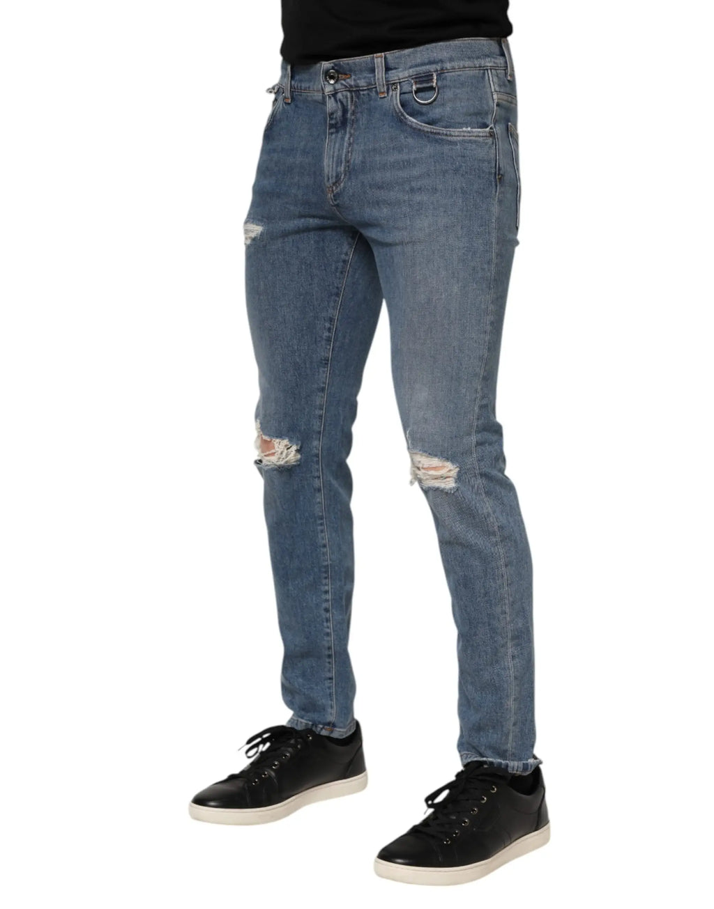 Dolce & Gabbana jean slim en coton bleu avec genoux déchirés effet usé et logo denim skinny tattered