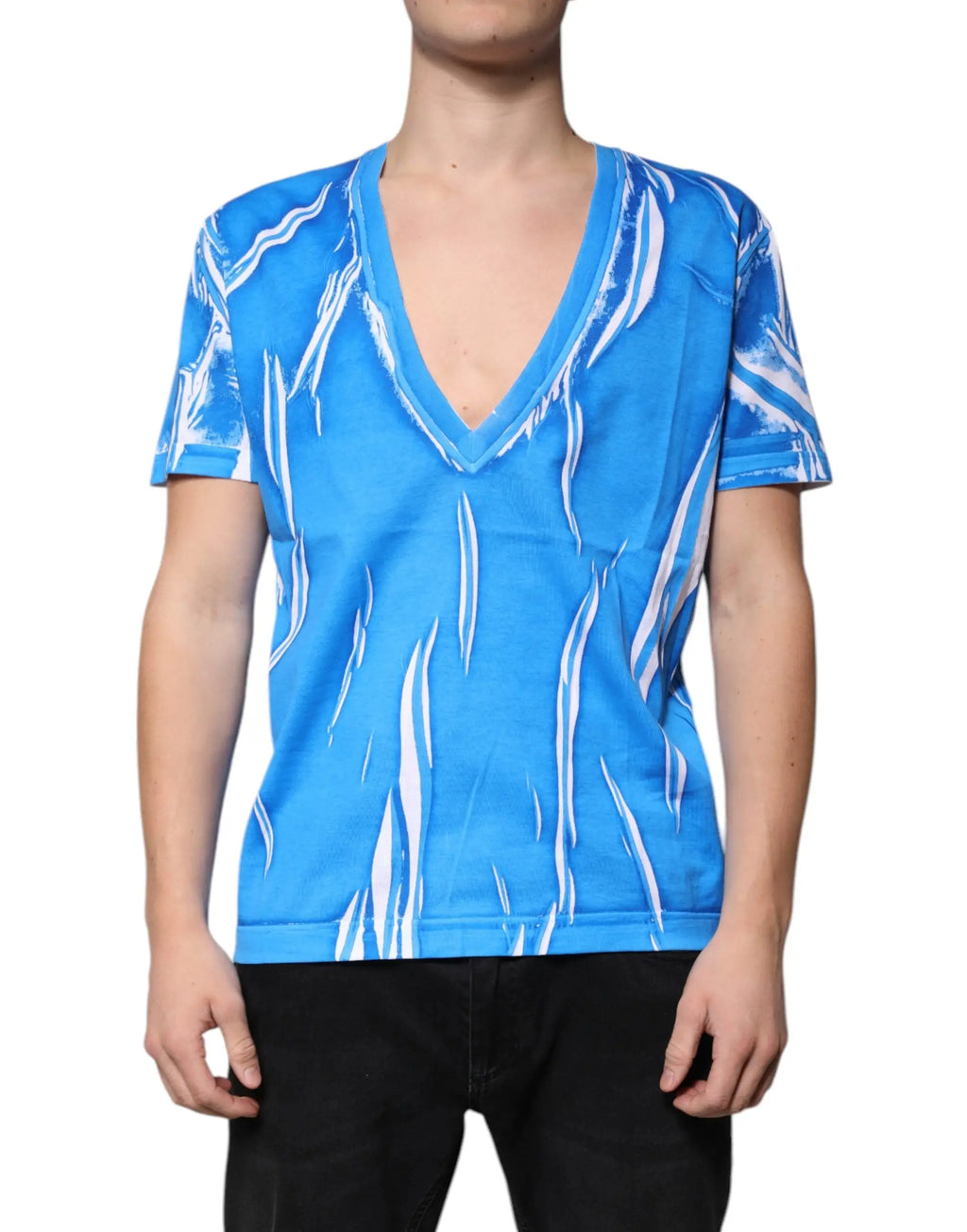 Dolce & Gabbana t-shirt bleu en coton col v à manches courtes avec motif abstrait blanc style coup de pinceau