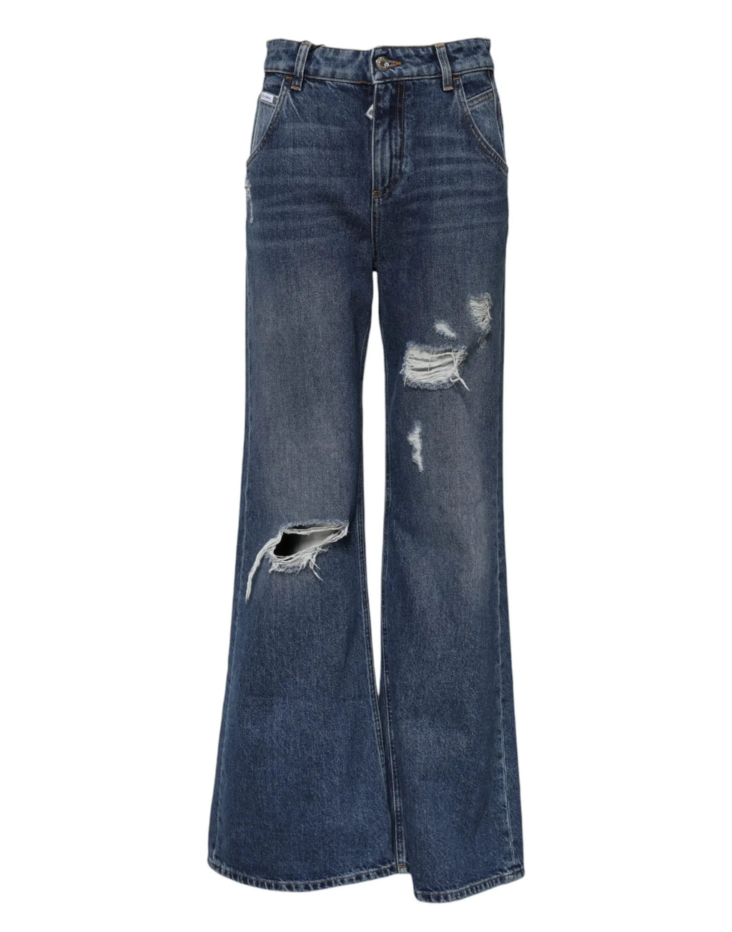 Jeans flare en denim bleu foncé dolce & gabbana en coton avec déchirures et bords effilochés