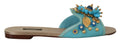 Sandale slide turquoise dolce & gabbana en cuir exotique avec strass bleus et détails floraux dorés