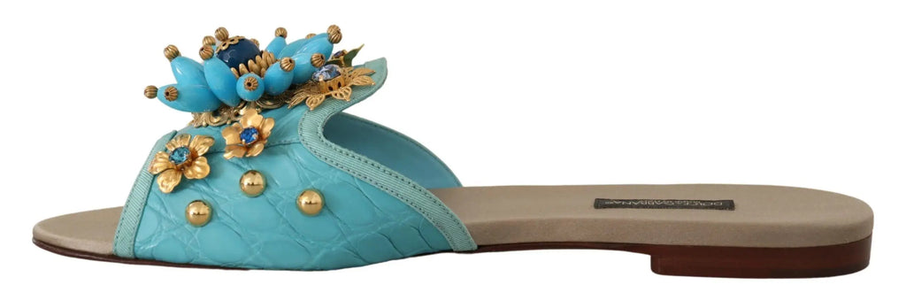 Sandales dolce & gabbana bleues en cuir exotique embossé crocodile ornées de cristaux et fleurs dorées