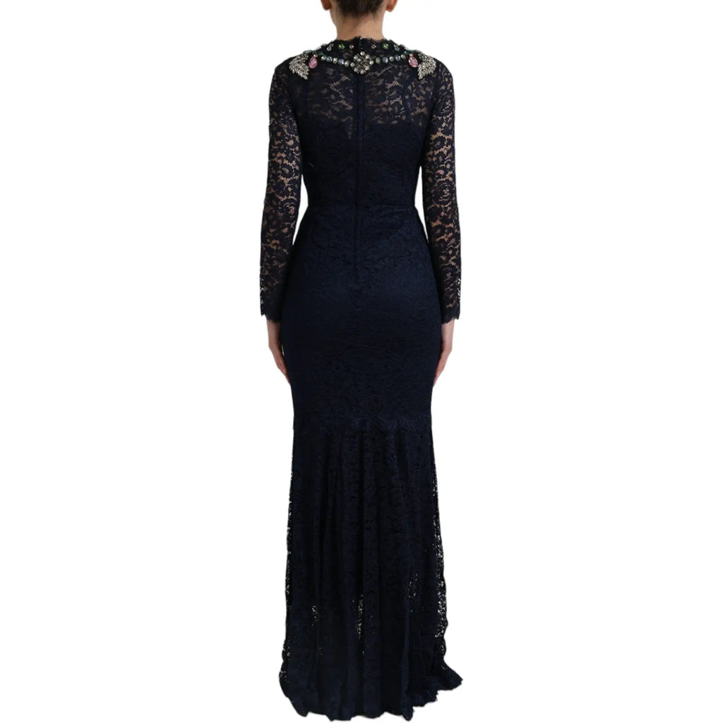 Robe longue noire en dentelle florale blue crystal de dolce & gabbana avec manches longues et col perlé