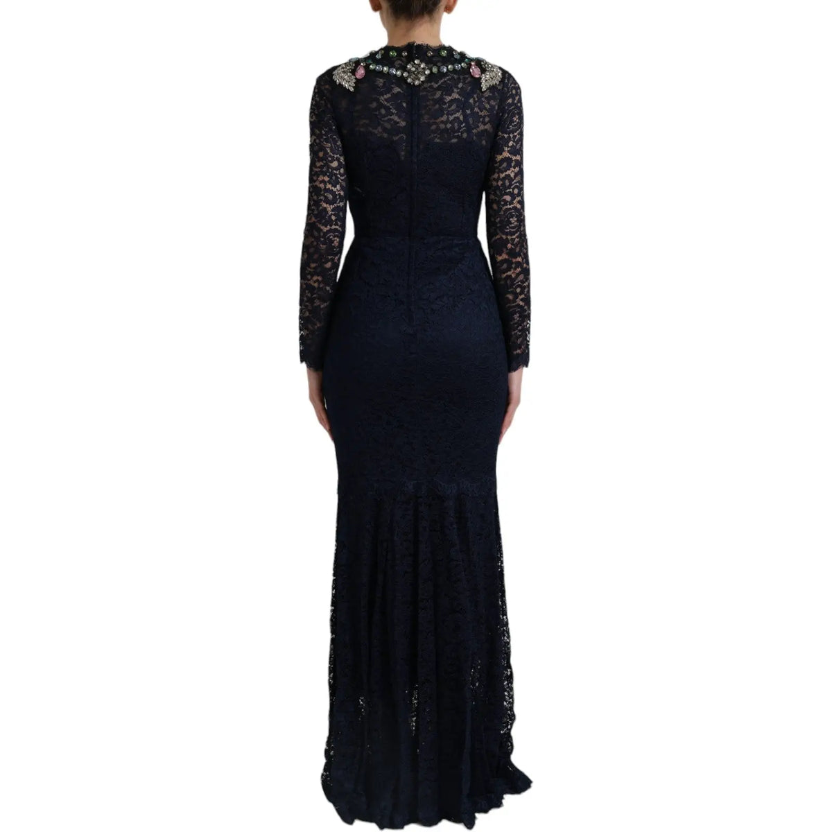 Robe longue noire en dentelle florale blue crystal de dolce & gabbana avec manches longues et col perlé