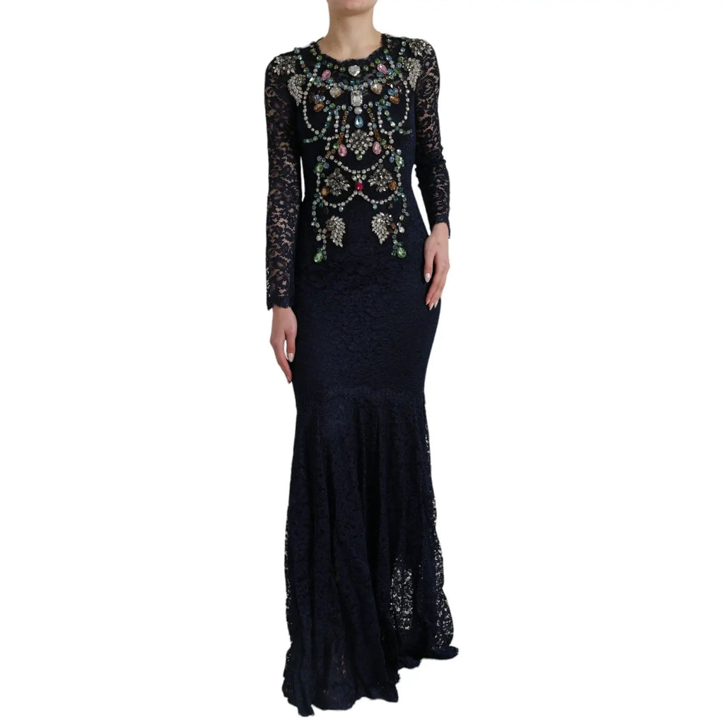 Élégante robe longue dolce & gabbana en dentelle noire ornementée de cristaux bleus et perles sur le corsage