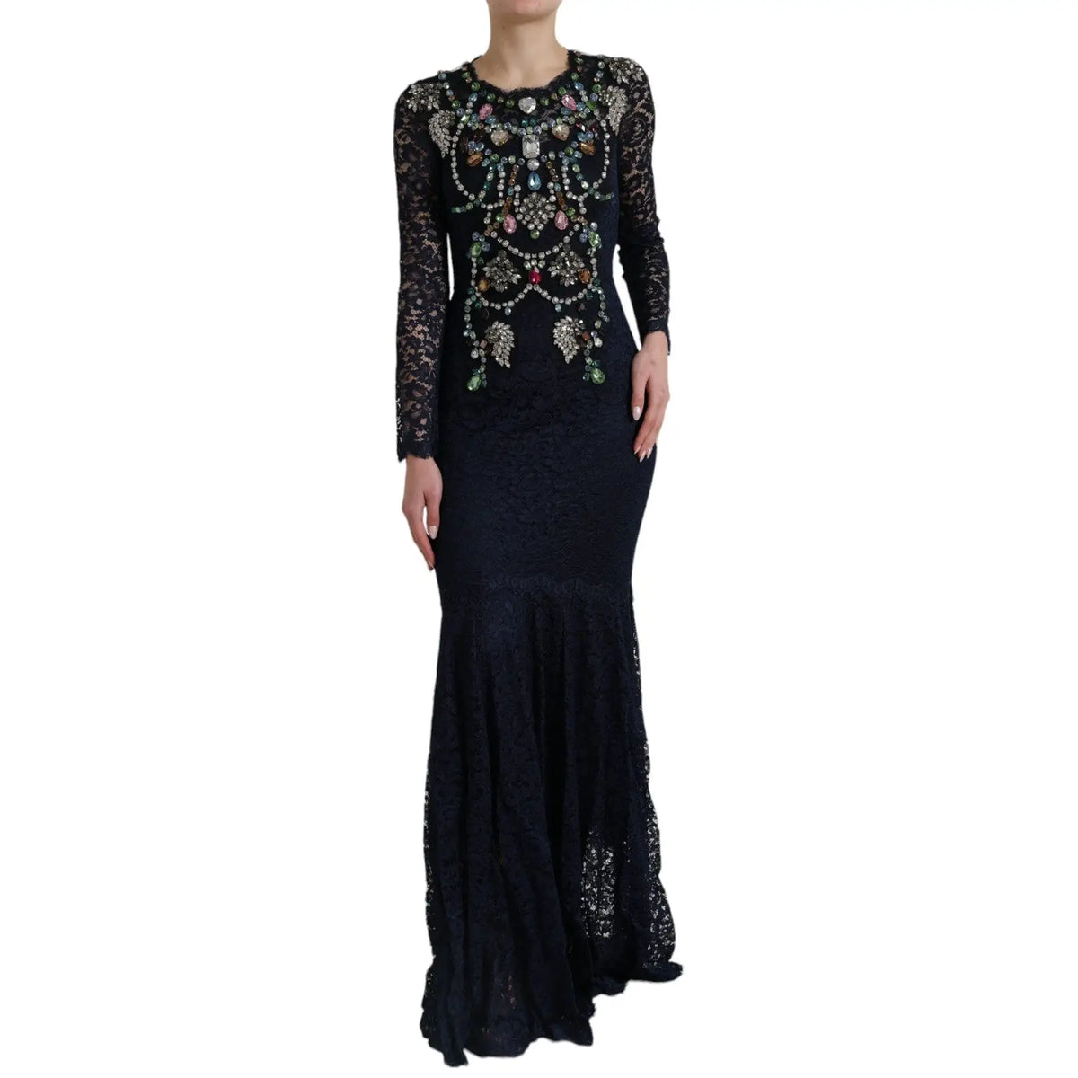 Élégante robe longue dolce & gabbana en dentelle noire ornementée de cristaux bleus et perles sur le corsage
