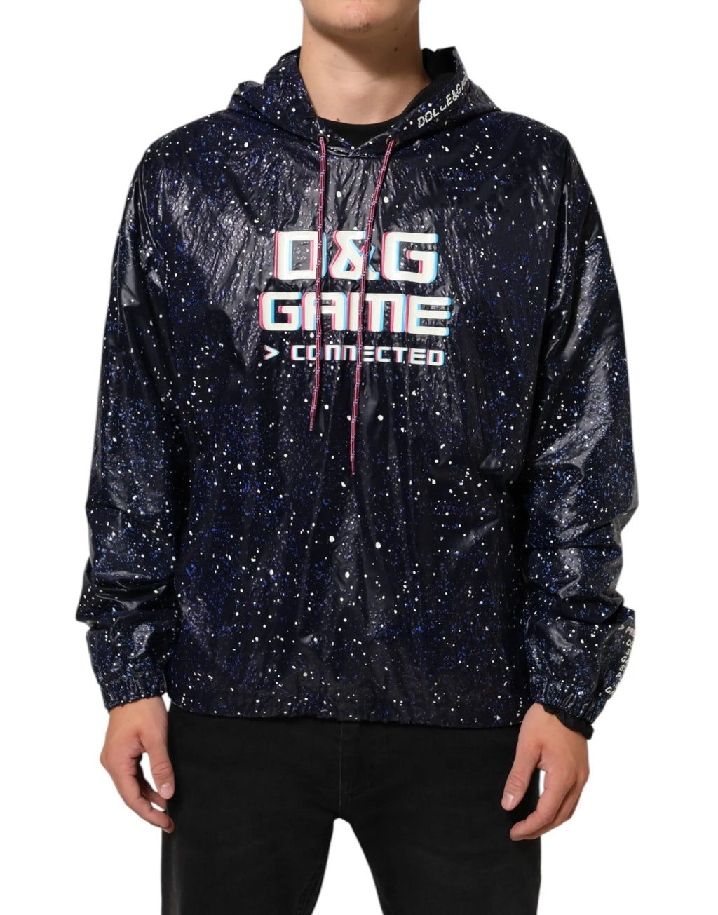 Dolce gabbana sweat à capuche homme bleu marine étoilé avec cordons rose en tissu confortable d&g game