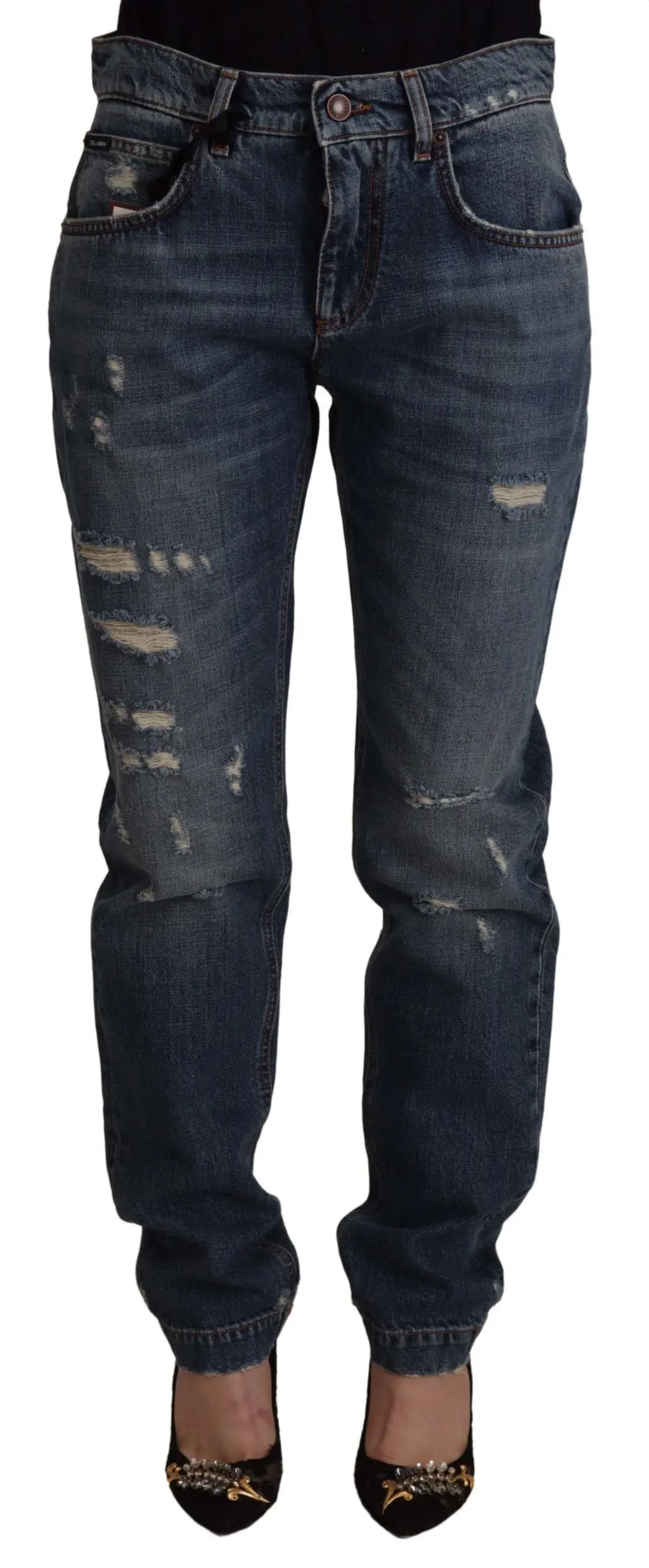 Jean denim bleu foncé distressed dolce gabbana avec patch logo baroque en forme de cœur et cinq poches classiques