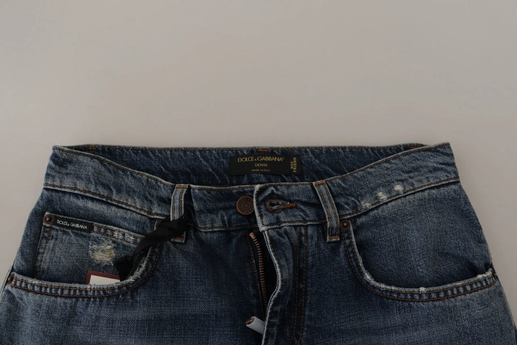 Jean denim bleu foncé Dolce & Gabbana avec patch baroque coeur et étiquette noire à la taille