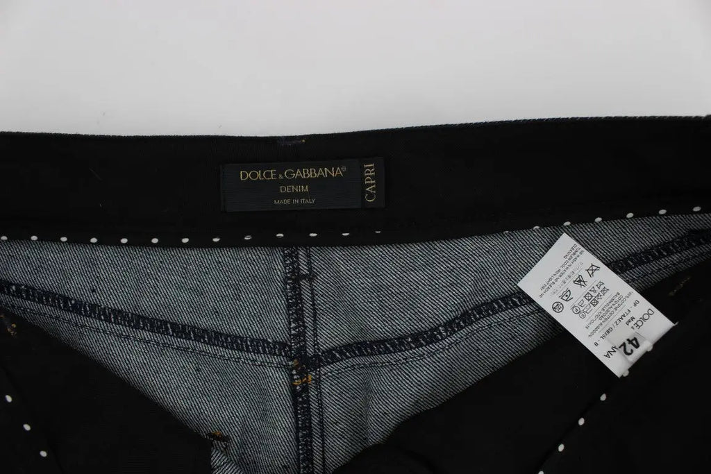 Dolce & gabbana blue denim cotton capri torero jeans en jean noir texturé avec ceinture noire et coutures blanches visibles