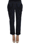 Pantalon capri torero dolce & gabbana en denim coton bleu foncé avec broderies noires et revers roulés