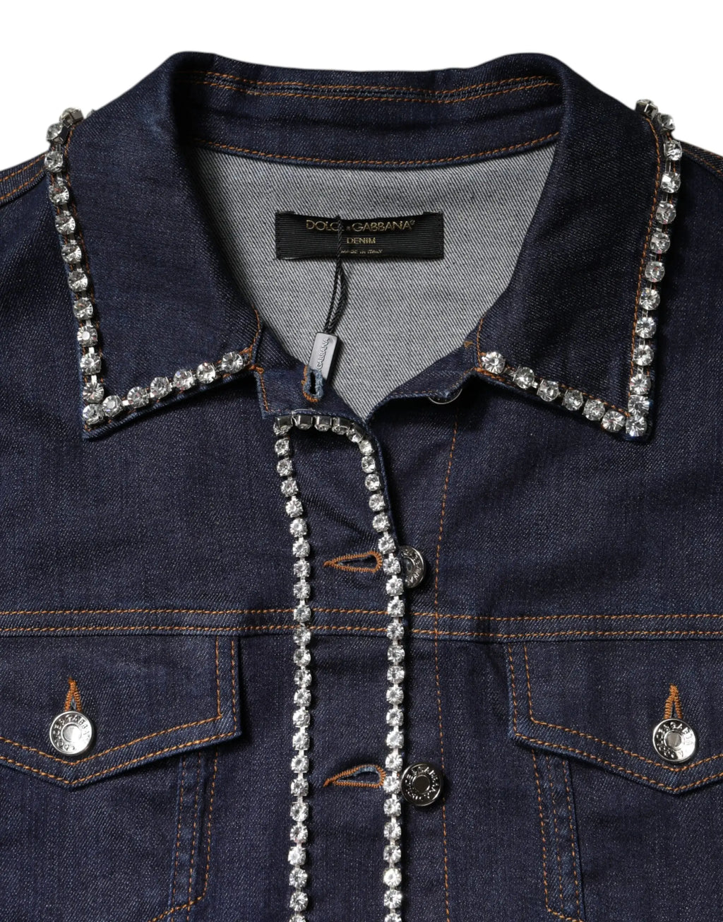 Veste en denim bleu foncé dolce & gabbana en coton avec col et rangées de cristaux étincelants sur le plastron