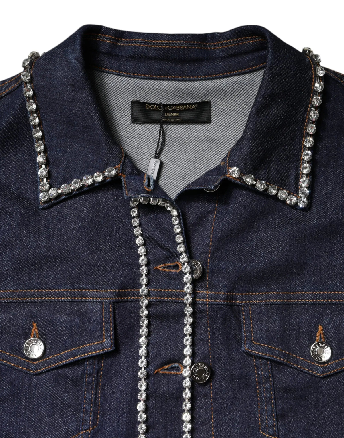 Veste en denim bleu foncé dolce & gabbana en coton avec col et rangées de cristaux étincelants sur le plastron