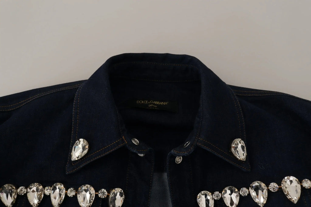 Veste en coton bleu denim dolce & gabbana ornée de cristaux en forme de goutte le long du col et devant