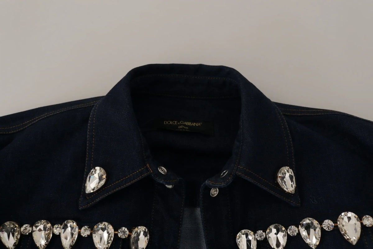 Veste en coton bleu denim dolce & gabbana ornée de cristaux en forme de goutte le long du col et devant