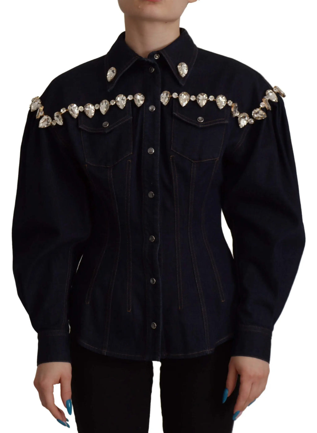 Veste en jean noire dolce & gabbana en coton avec une rangée de cristaux en forme de cœur sur les épaules et le col