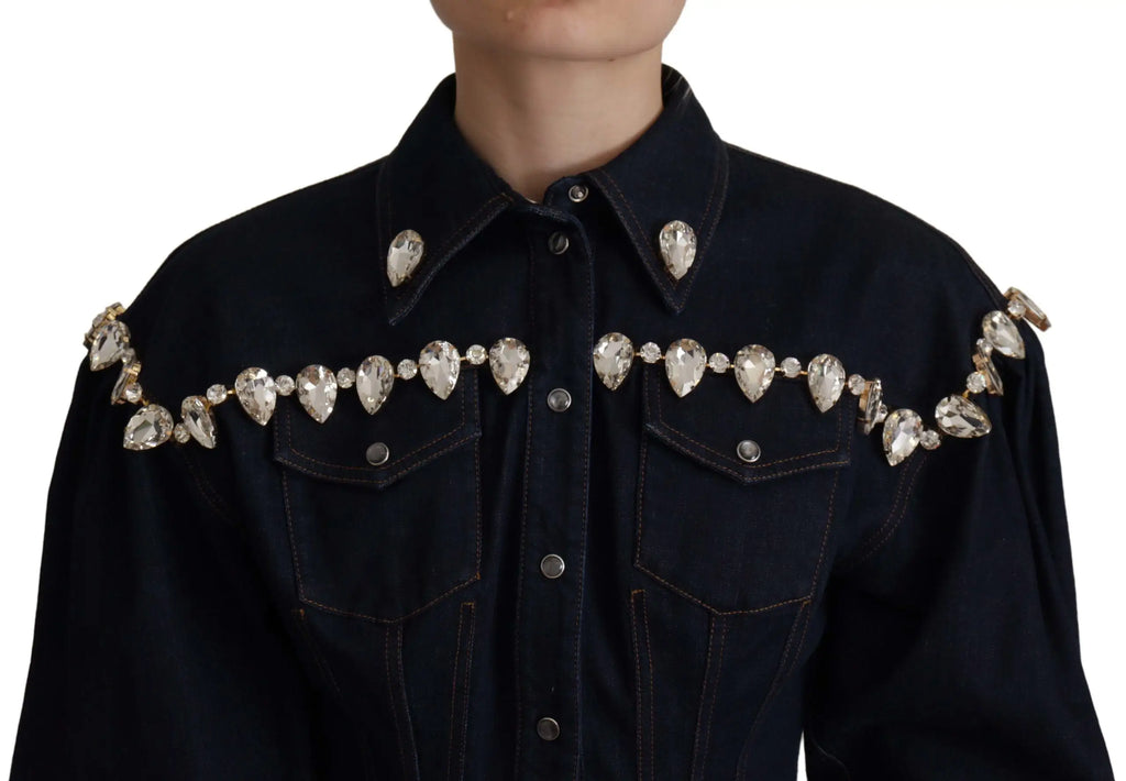 Veste en denim bleu dolce & gabbana en coton avec cristaux clairs en forme de goutte sur épaules et col
