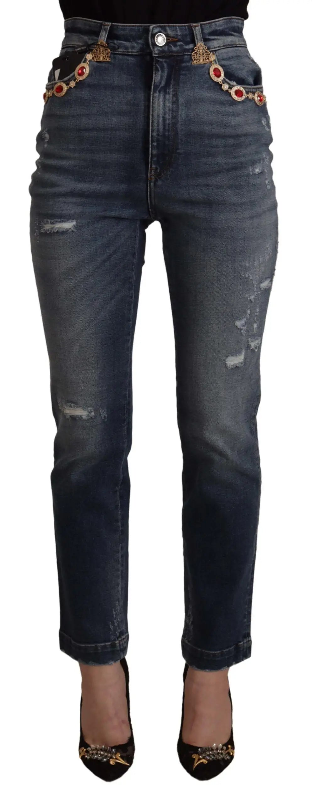 Jeans en denim bleu foncé dolce & gabbana avec chaînes dorées et accents rouges au niveau de la taille