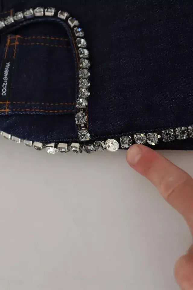 Sac à main en denim bleu foncé avec bordure décorative de cristaux clairs facettés, dolce & gabbana
