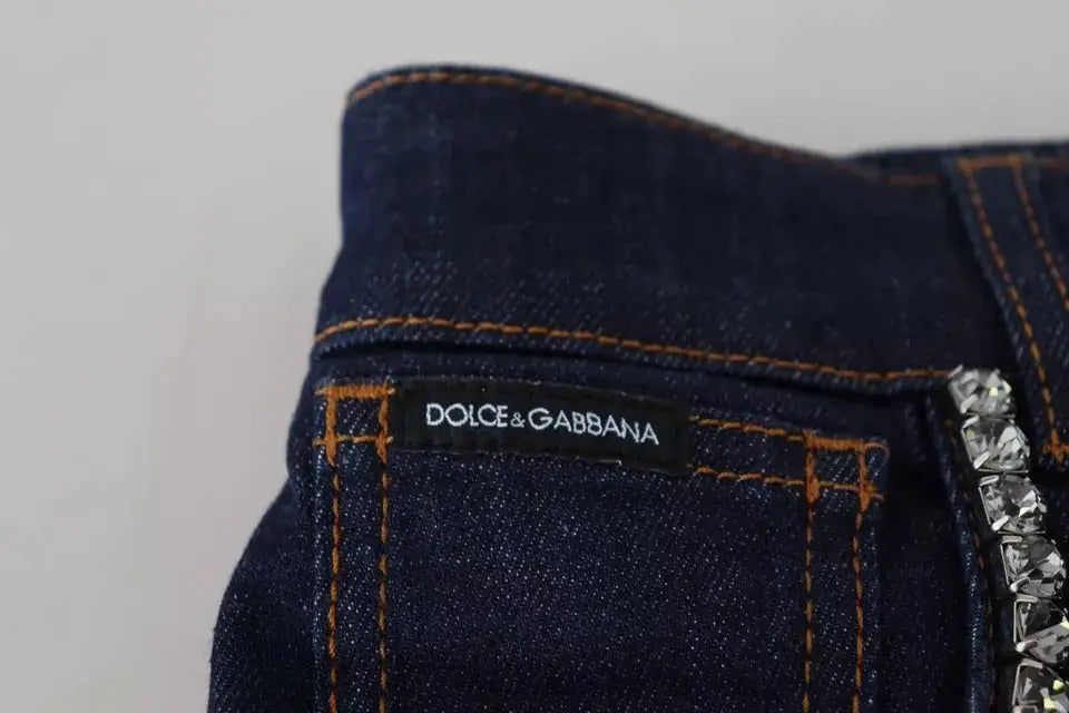 Shorts hot crystal dolce & gabbana en denim bleu foncé avec étiquette noire et couture orange