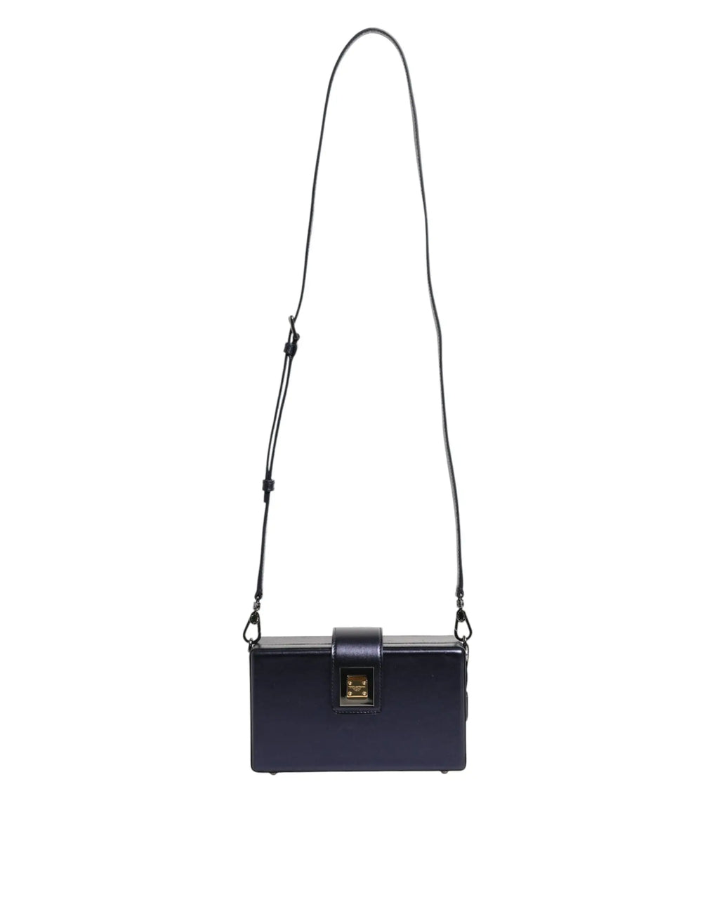 Un sac bandoulière rectangulaire bleu marine dolce & gabbana en cuir dagneau avec fermoir doré et sangle en cuir noir