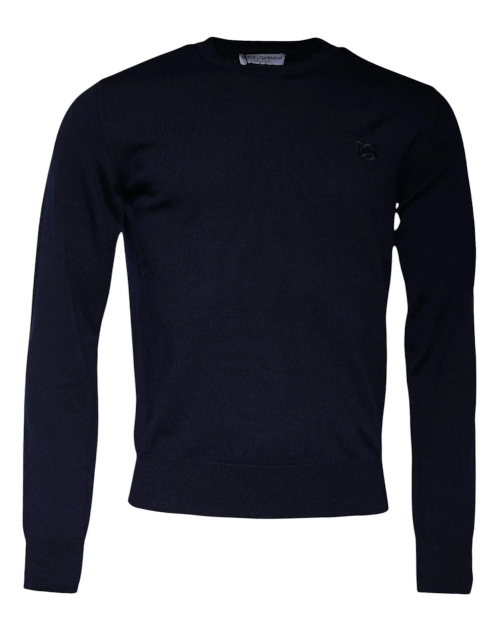 Pull noir à col rond dolce et gabbana en laine avec logo bleu brodé sur la poitrine à manches longues