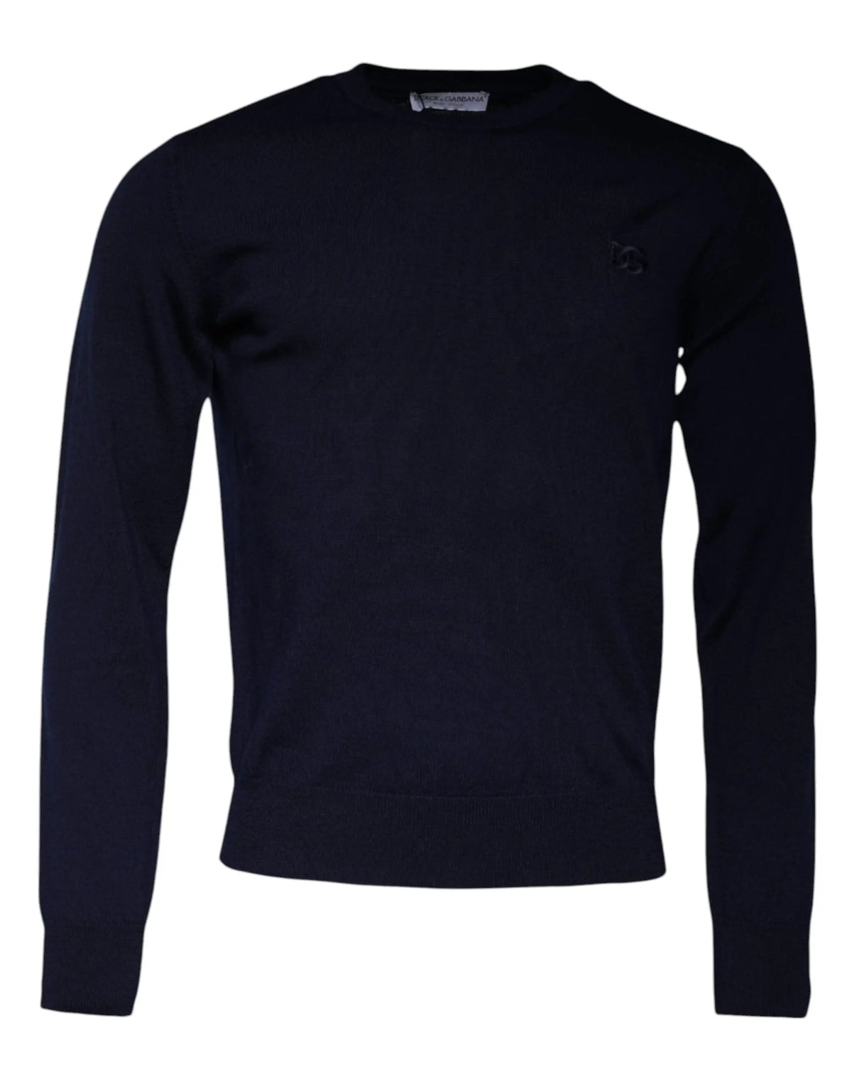 Pull noir à col rond dolce et gabbana en laine avec logo bleu brodé sur la poitrine à manches longues