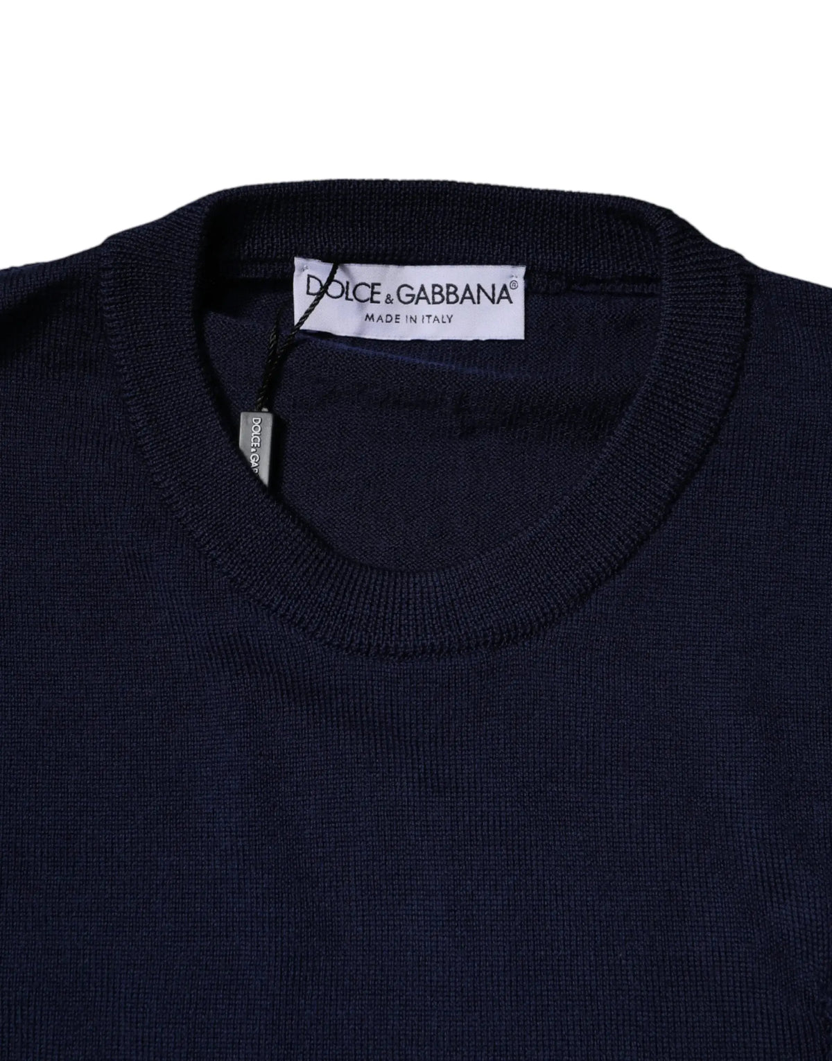 Pull-over dolce & gabbana bleu marine en laine avec logo dg, col rond côtelé et texture fine tricotée