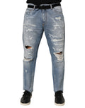 Jean dolce & gabbana bleu délavé en denim avec détails déchirés et coupe droite
