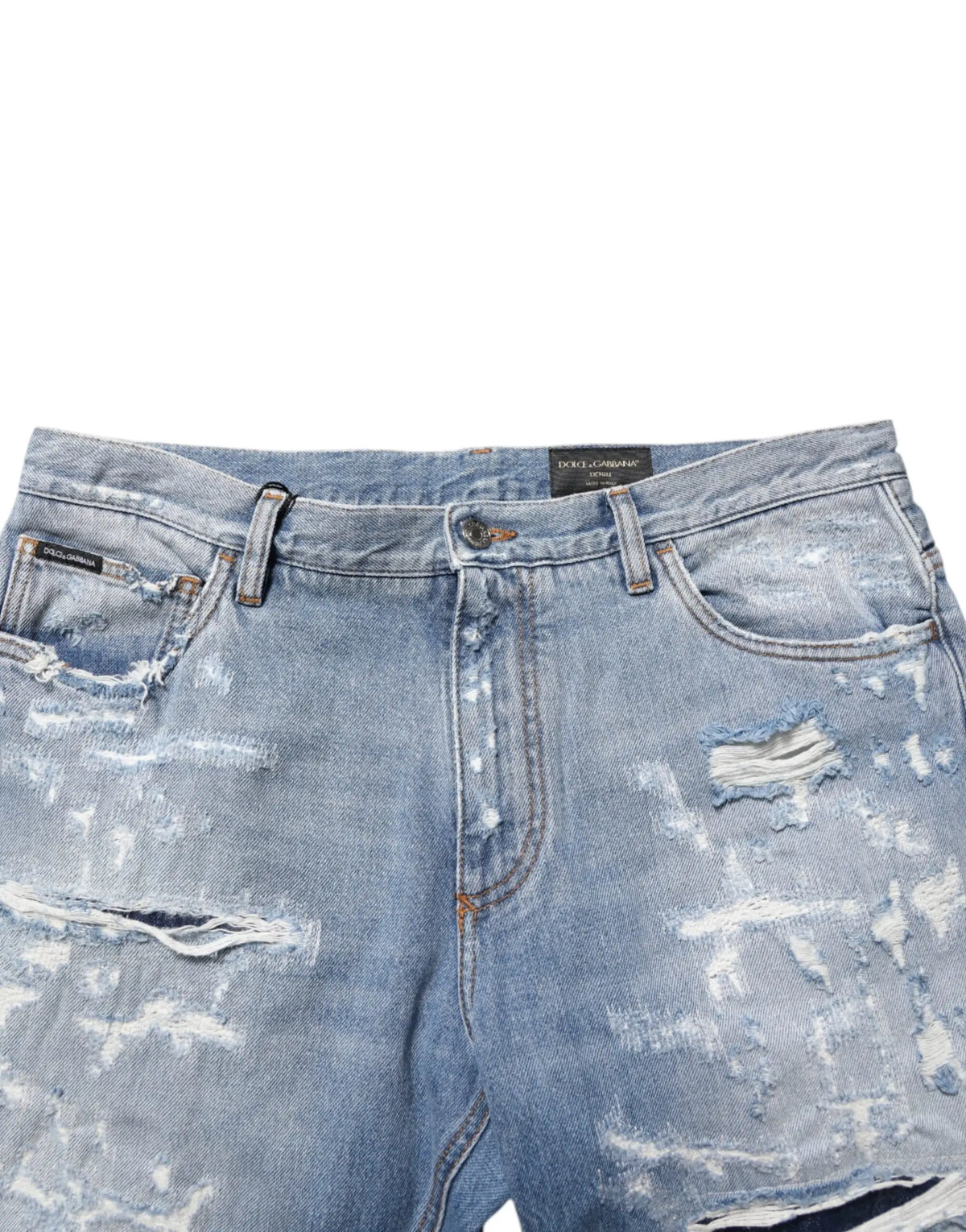 Light-wash denim shorts dolce & gabbana with distressed ripped detailing and raw hem in blue denim