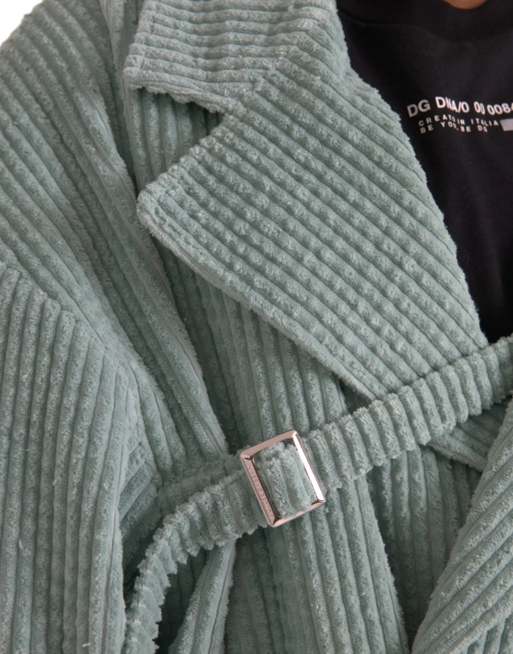Manteau trench en velours côtelé vert menthe doux avec texture côtelée et boucle rectangulaire argentée dolce & gabbana