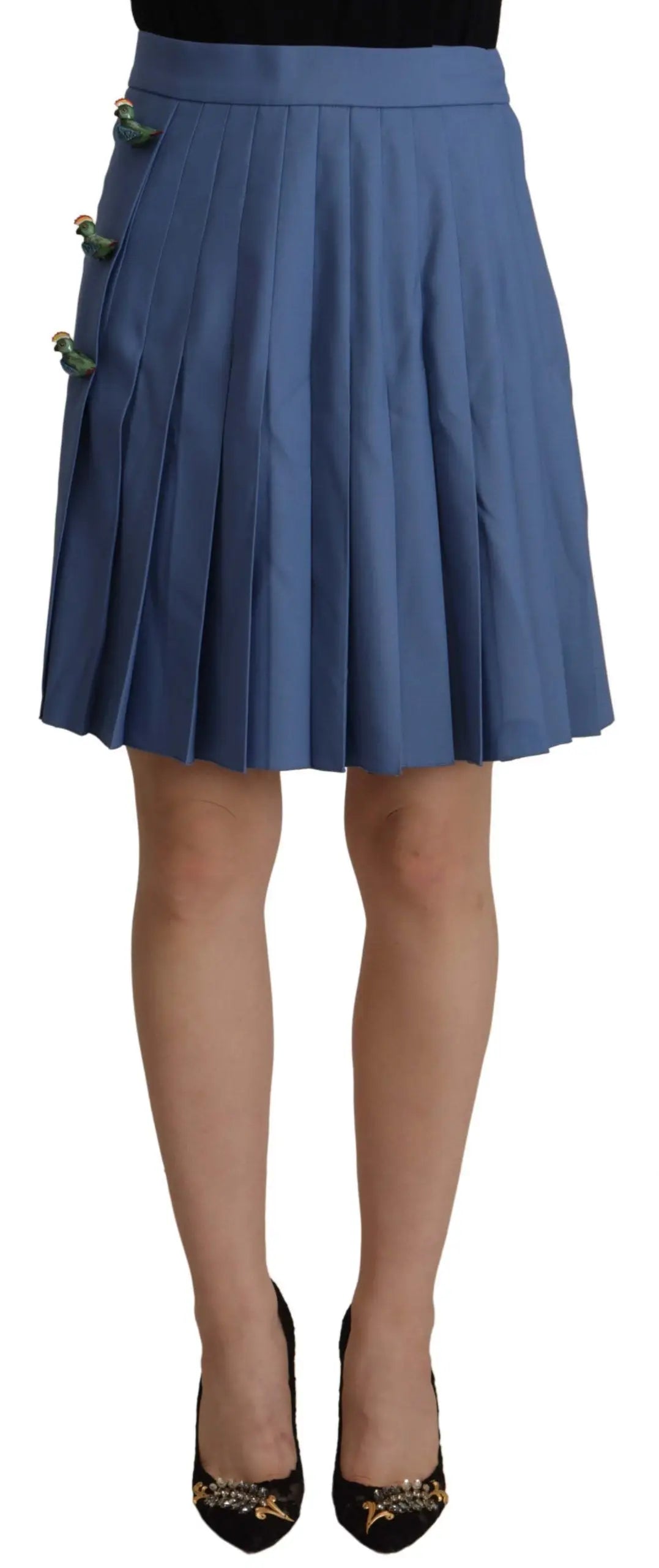 Jupe mini plissée bleue dolce gabbana en laine avec boutons verts décoratifs