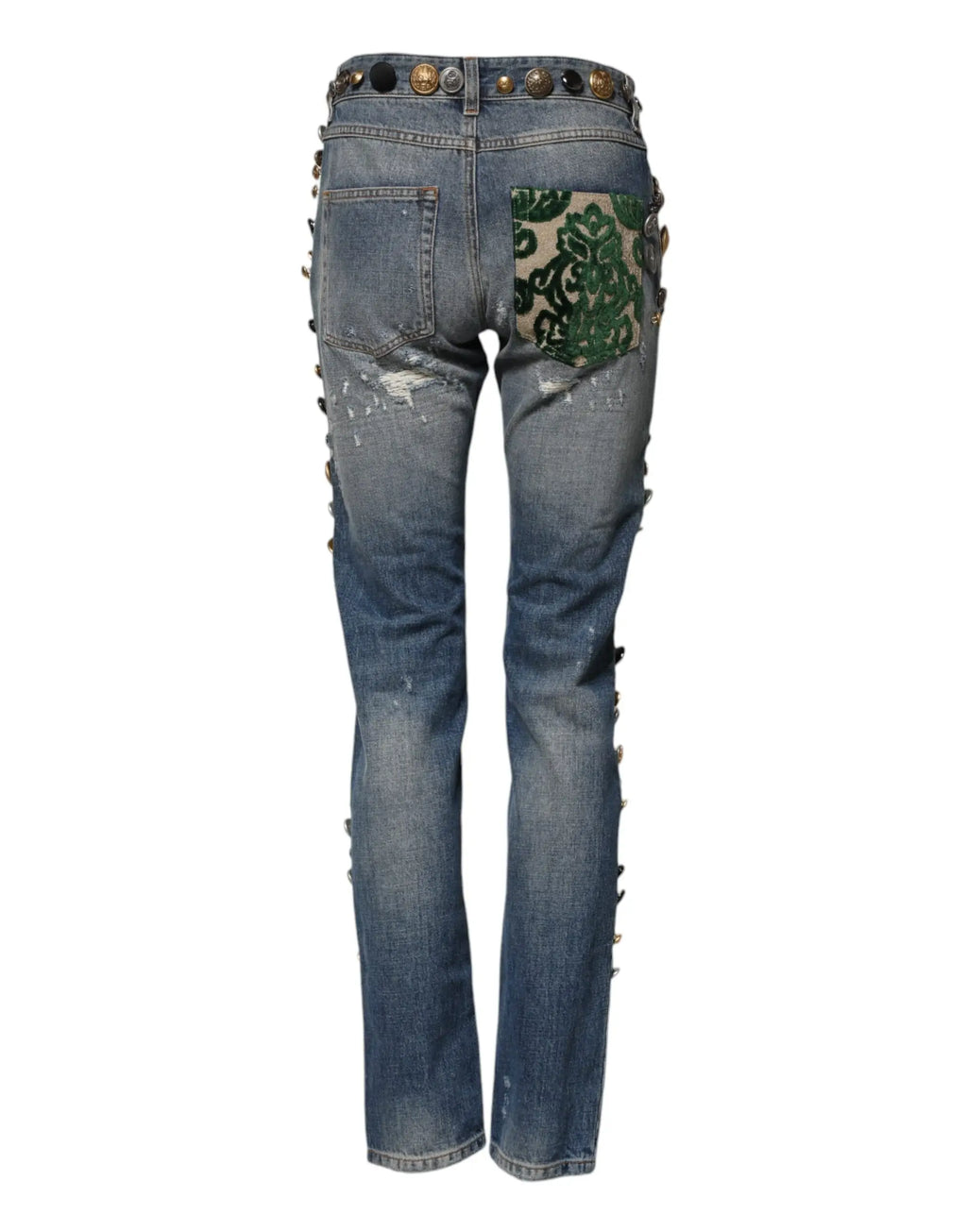 Dolce & gabbana blue skinny denim jeans en denim avec look déchiré et patch vert brodé sur la poche arrière