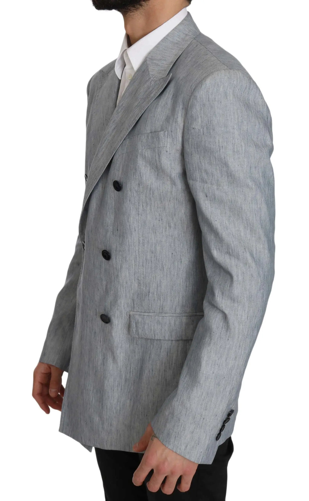 Veste blazer dolce & gabbana napoli en lin bleu avec texture grise et boutons noirs double boutonnage