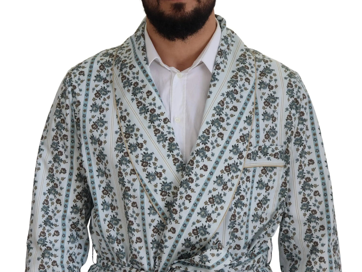 Robe dolce & gabbana bleue en coton à motif floral blanc avec ceinture style kimono