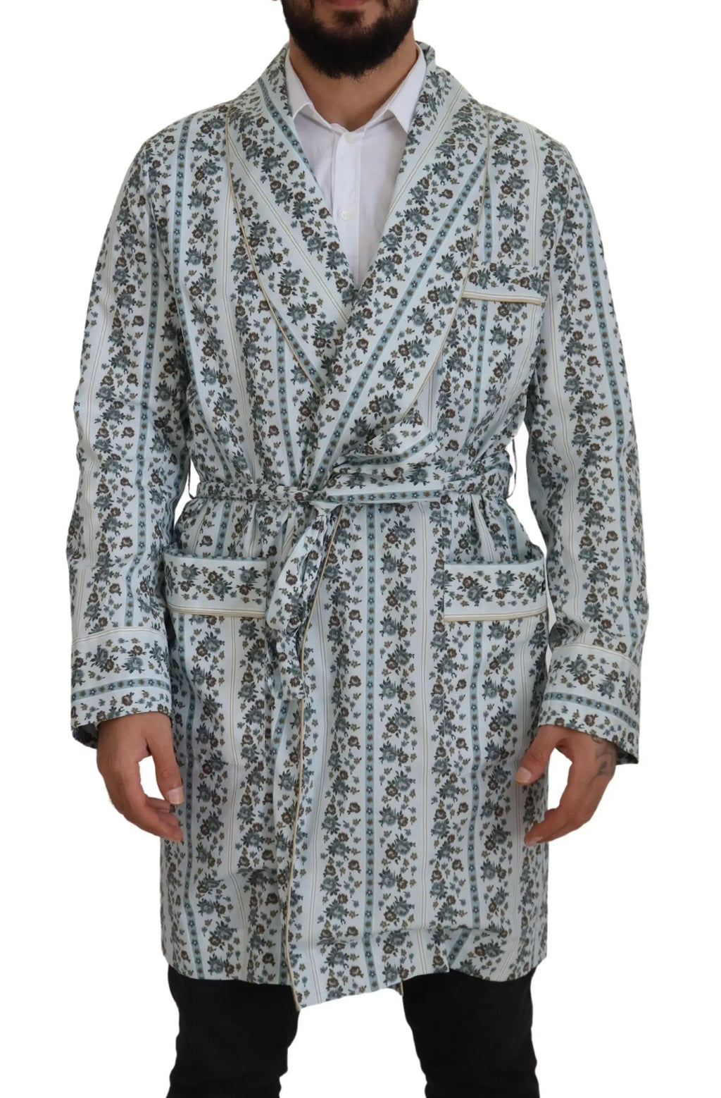 Dolce & gabbana robe manteau en coton bleu avec motifs floraux gris ceinturée et poches avant