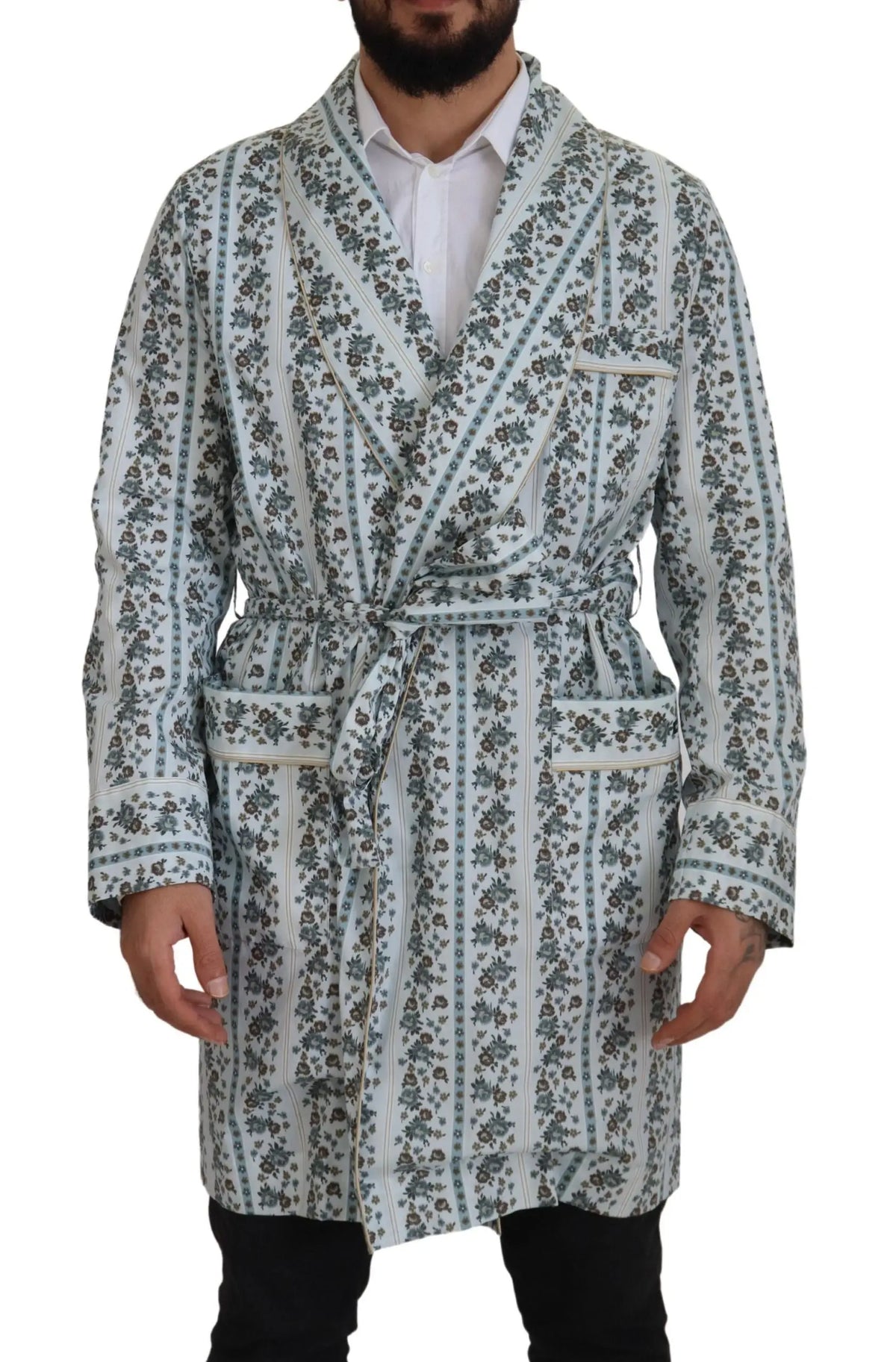 Dolce & gabbana robe manteau en coton bleu avec motifs floraux gris ceinturée et poches avant