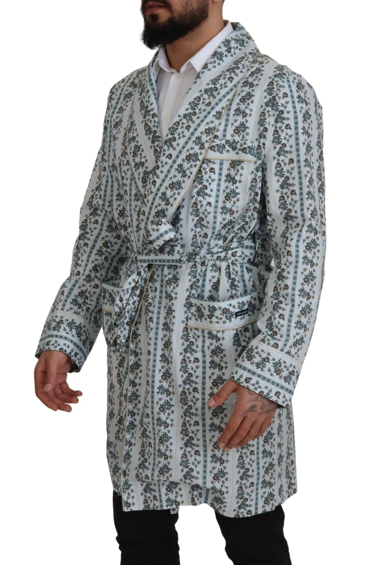 Dolce & gabbana robe manteau bleu en coton à motif floral avec rayures verticales ceinture et poches avant