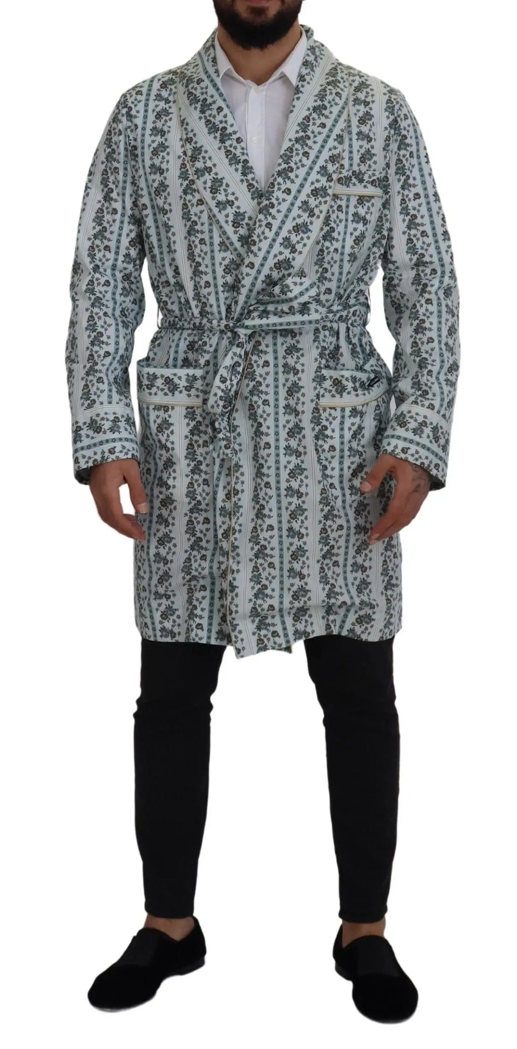 Dolce & gabbana robe manteau chemise en coton pour homme blanc à fleurs grises avec rayures verticales et poches avant