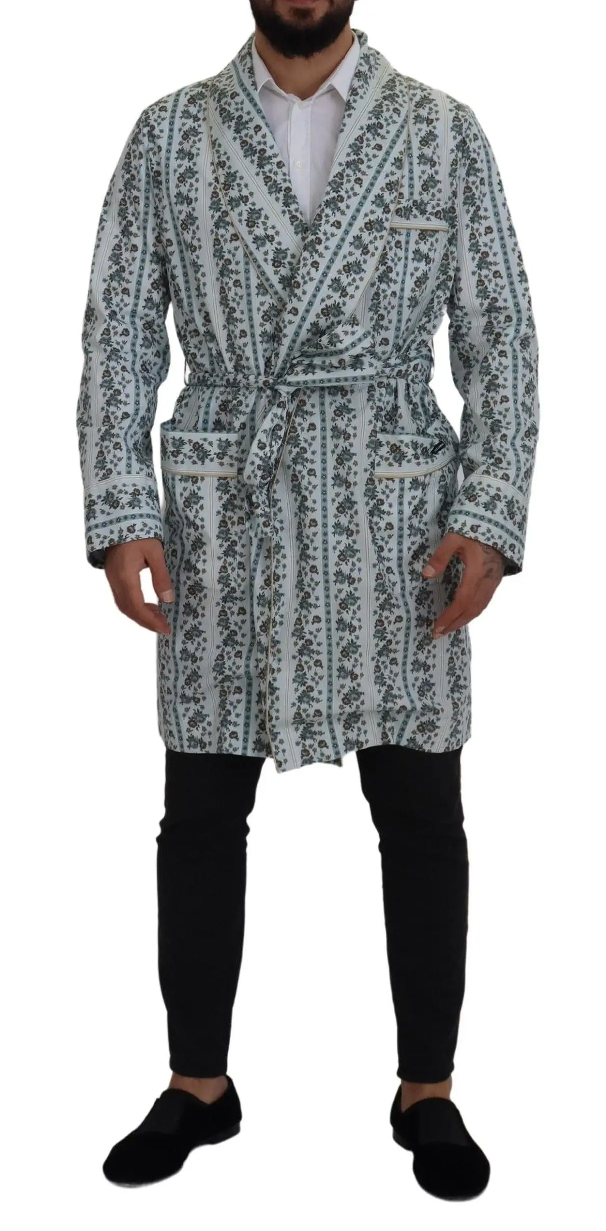Dolce & gabbana robe manteau chemise en coton pour homme blanc à fleurs grises avec rayures verticales et poches avant